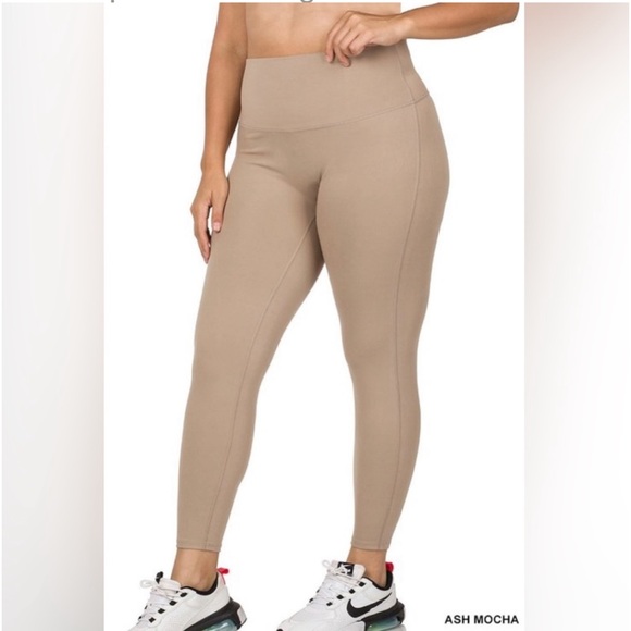 PLUS SIZE ASH MOCHA ATHLETIC HIGH WAISTED FULL LENGTH LEGGING PANTS - Picture 3 of 3